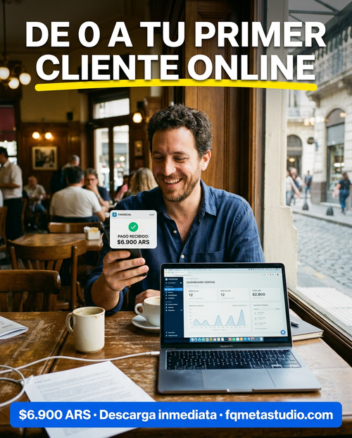 Emprendedor en café celebrando su primera venta online